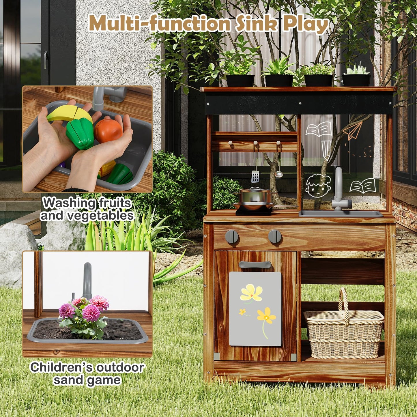 OLAKIDS Mud Kitchen, Outdoor Play Kitchen with Drawing Board, Cooking Accessories, Wooden Kids Kitchen Playset