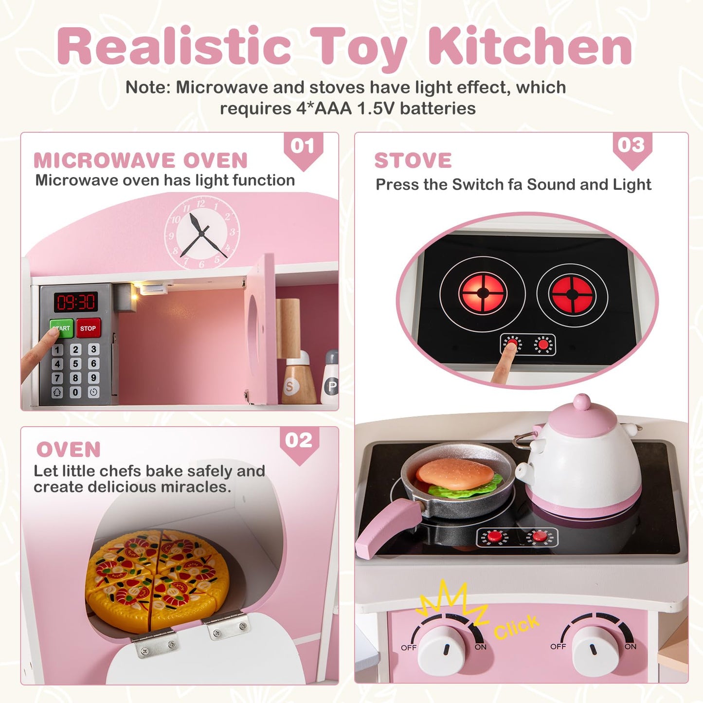 OLAKIDS Corner Kids Kitchen Playset, Toddler Wooden Pretend Cooking Set with Lights Sounds Coffee Machine Washing Machine