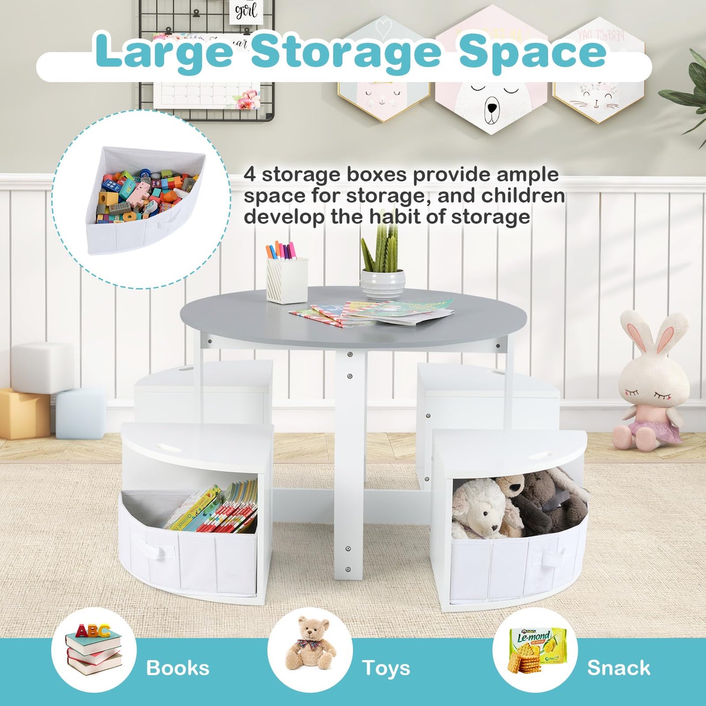 OLAKIDS Toddler Table and Chair Set, Wooden Table and 4 Chairs with Nesting Design, Children Multi-Activity Table