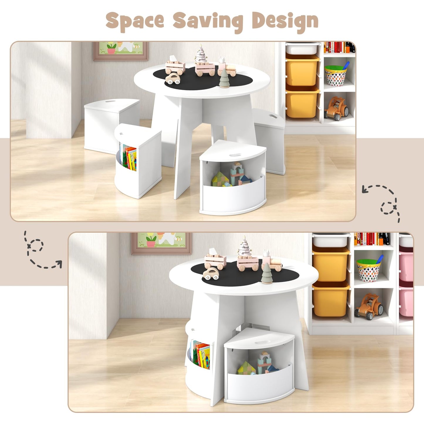 OLAKIDS Toddler Table and Chair Set with 4 Storage Stools, Wooden Flower Shaped Nesting Table with Blackboard Drawers