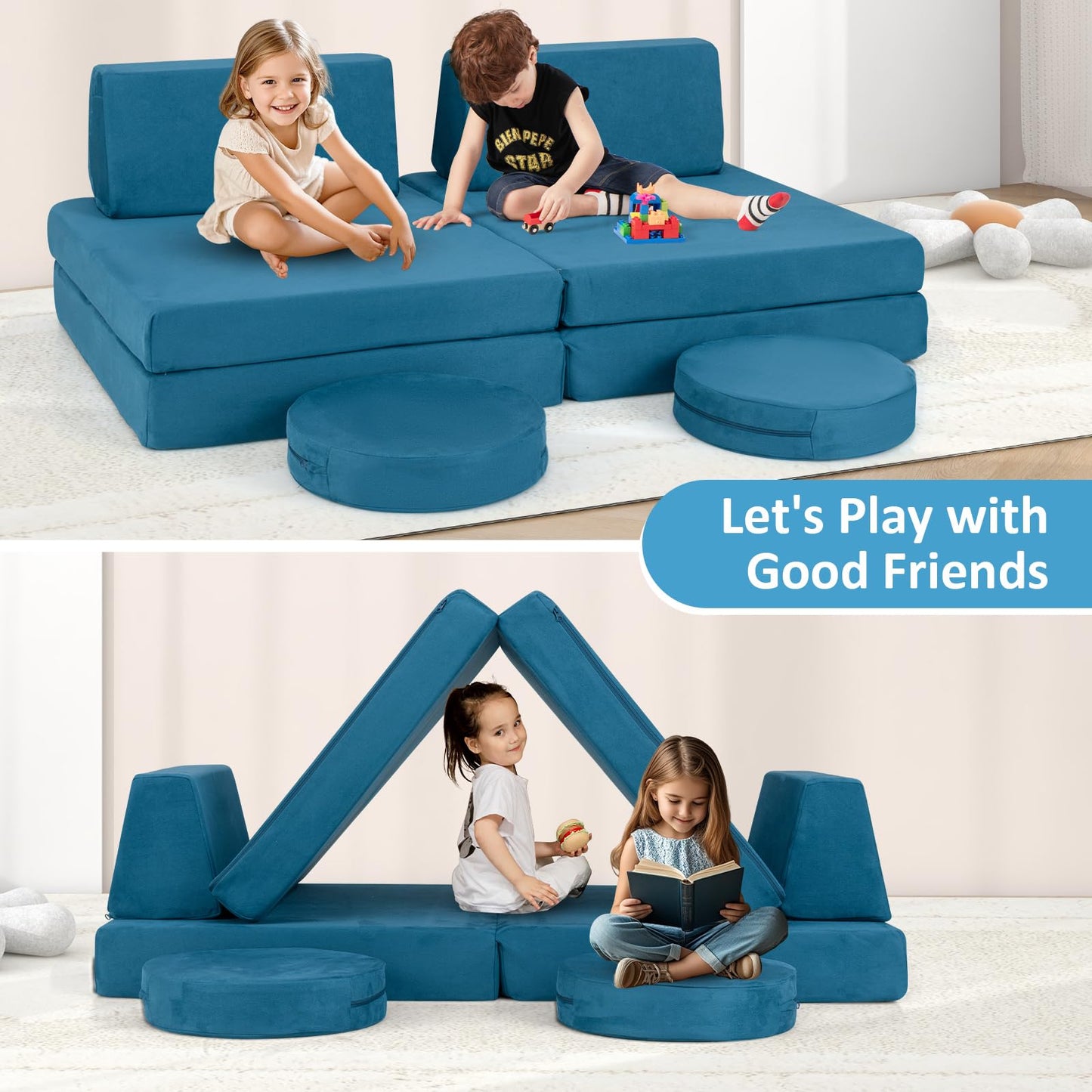 OLAKIDS Modular Kids Play Couch, 6 PCS Toddler Creative Sectional Fort Building Sofa for Playroom, Bedroom