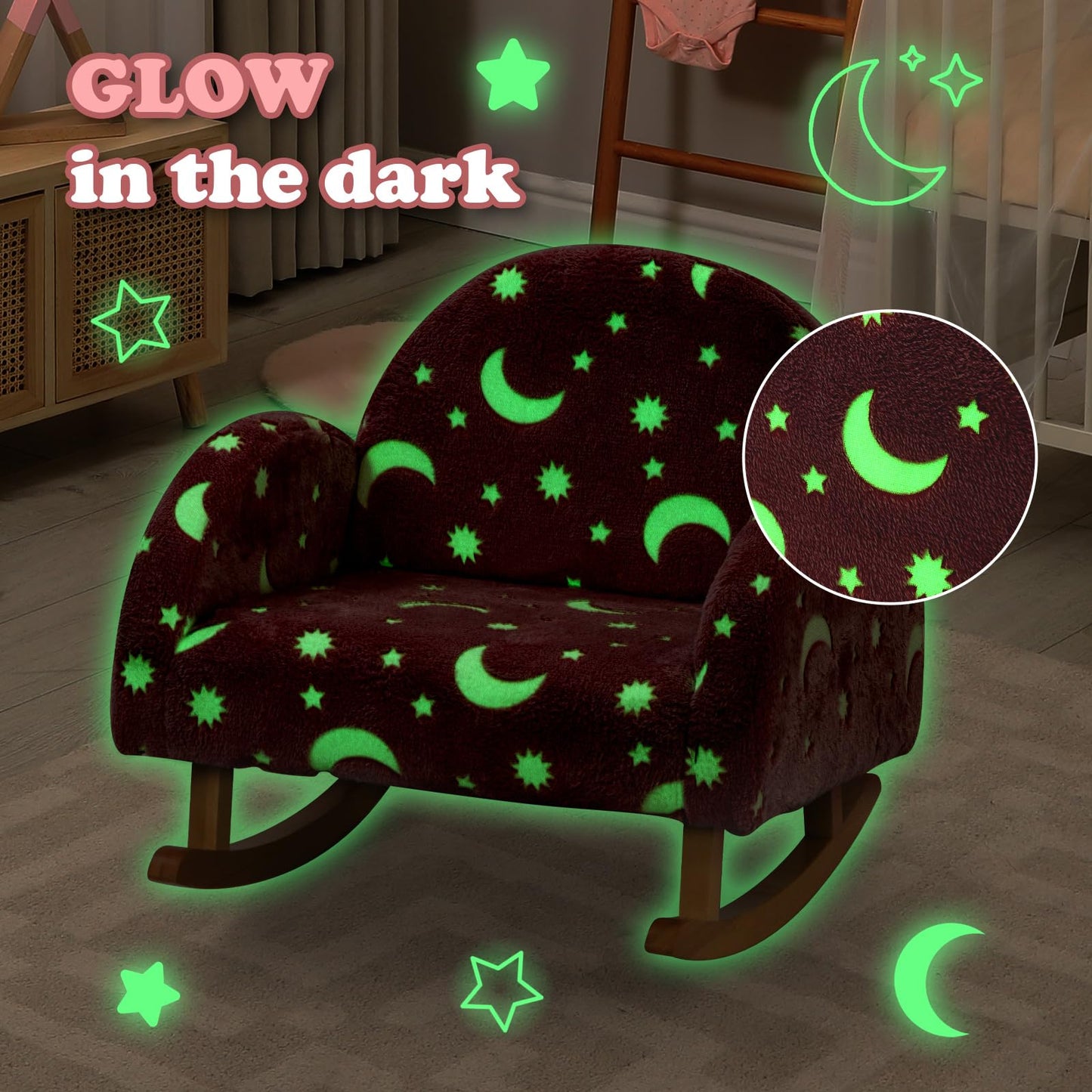 OLAKIDS Kids Sofa with Glow in The Dark, Toddler Rocking Chair, Upholstered Comfy Foam Children Chair for Kindergarten Playroom