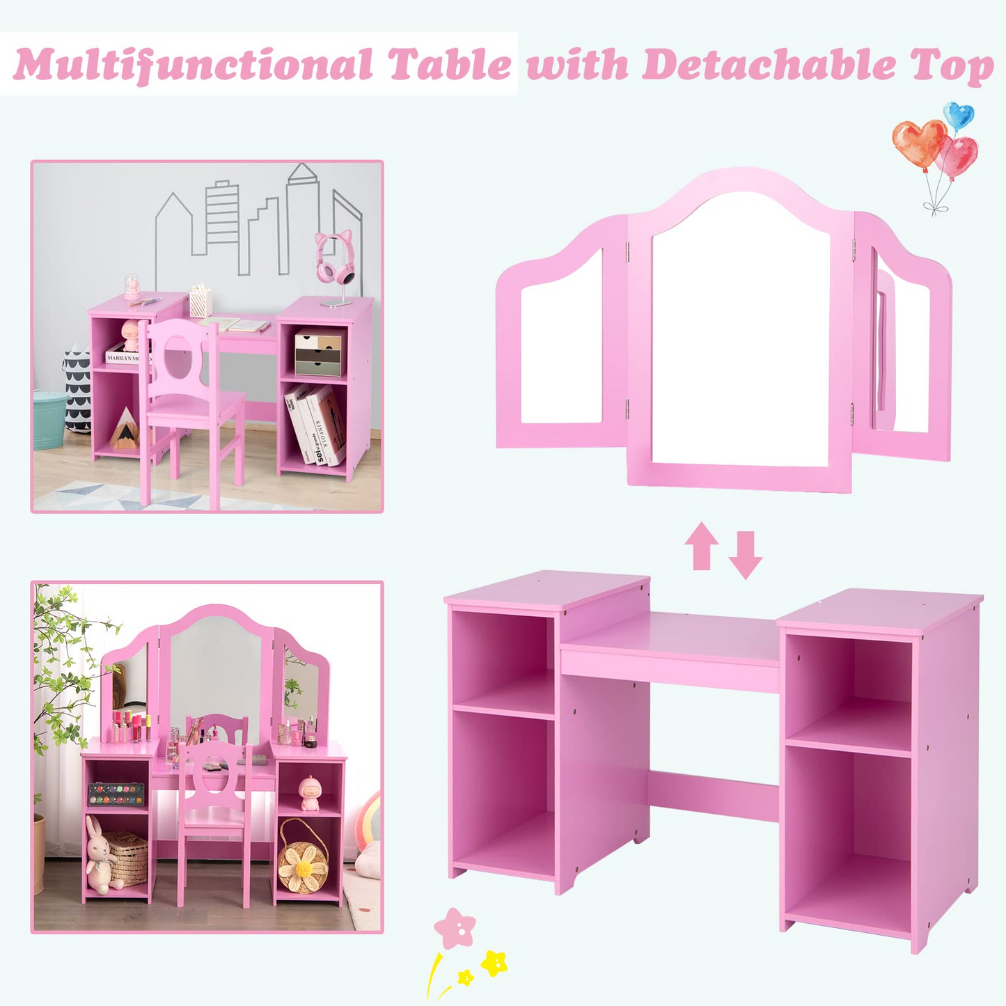 2 in 1 Princess Makeup Desk & Chair Set with Tri-Folding Detachable Mirror OLAKIDS