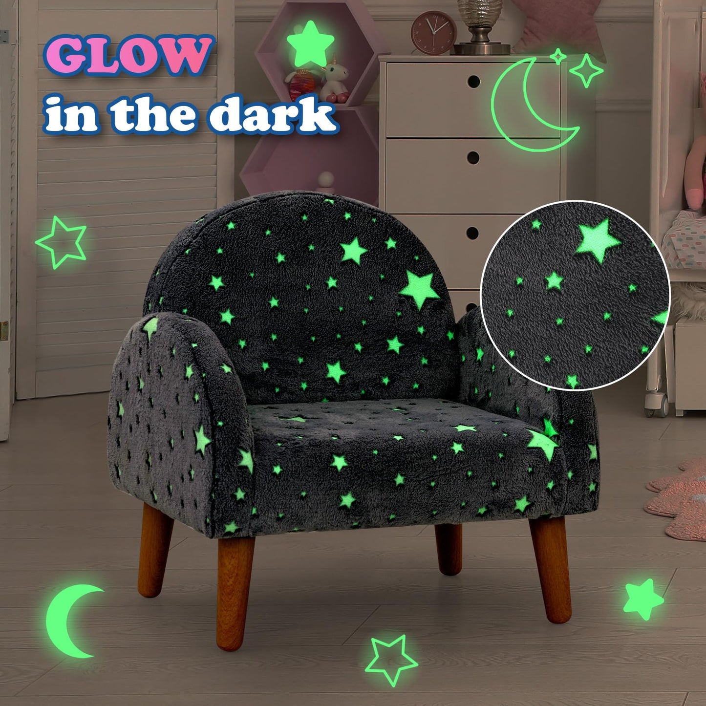 OLAKIDS Kids Sofa with Glow in The Dark, Toddler Armchair Couch, Upholstered Comfy Foam Children Chair for Kindergarten Playroom