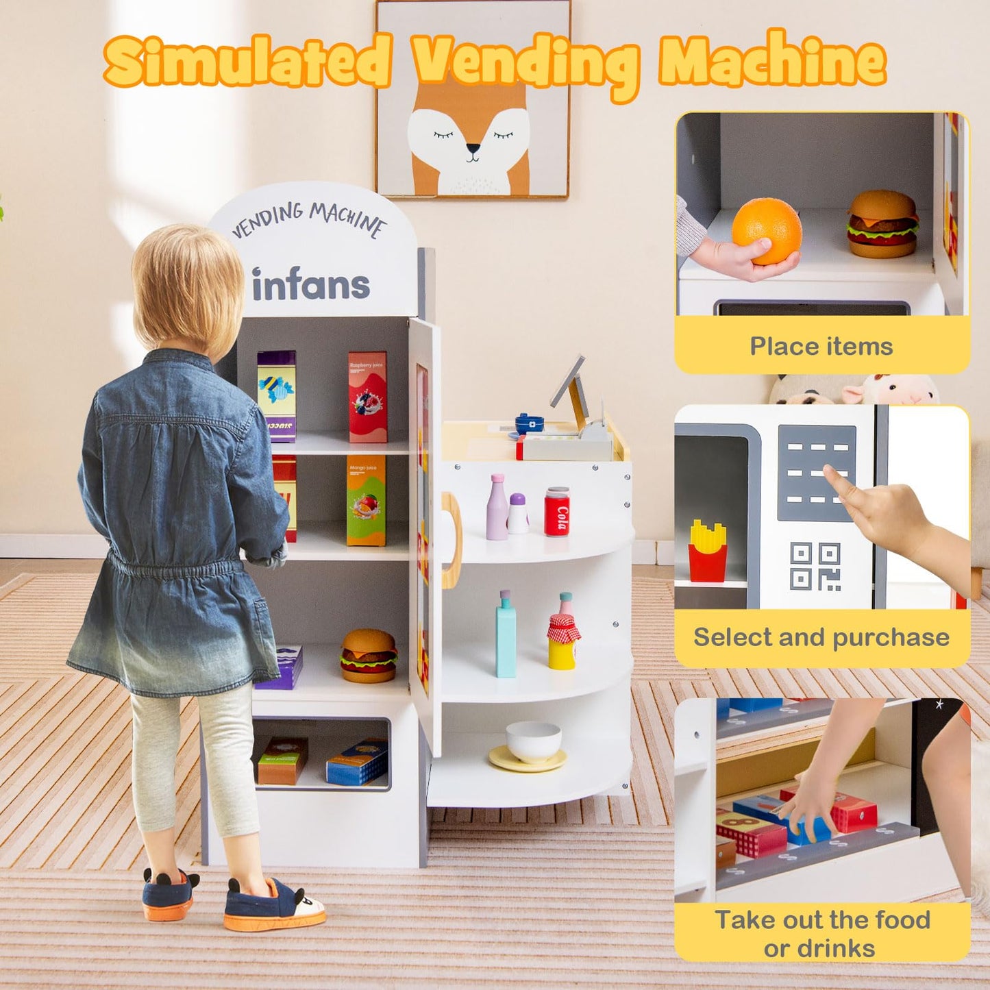 OLAKIDS Kids Grocery Store Playset, Wooden Supermarket Toy Set with Cash Register, Vending Machine, Pretend Play Store