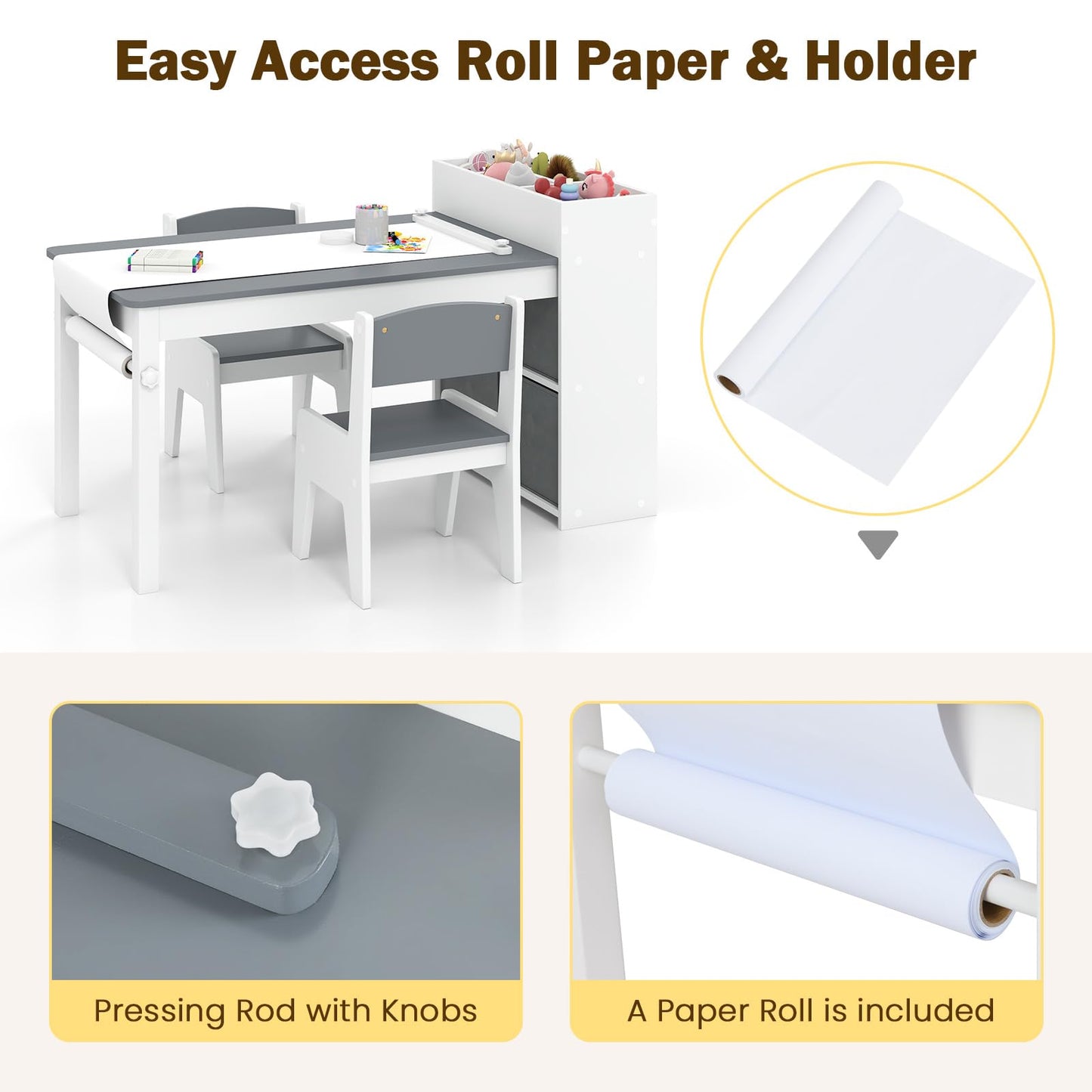 OLAKIDS Kids Table and Chair Set, Toddler Art Craft Play Wood Activity Desk with 2 Chairs 4 Storage Canvas Bins Paper Roll