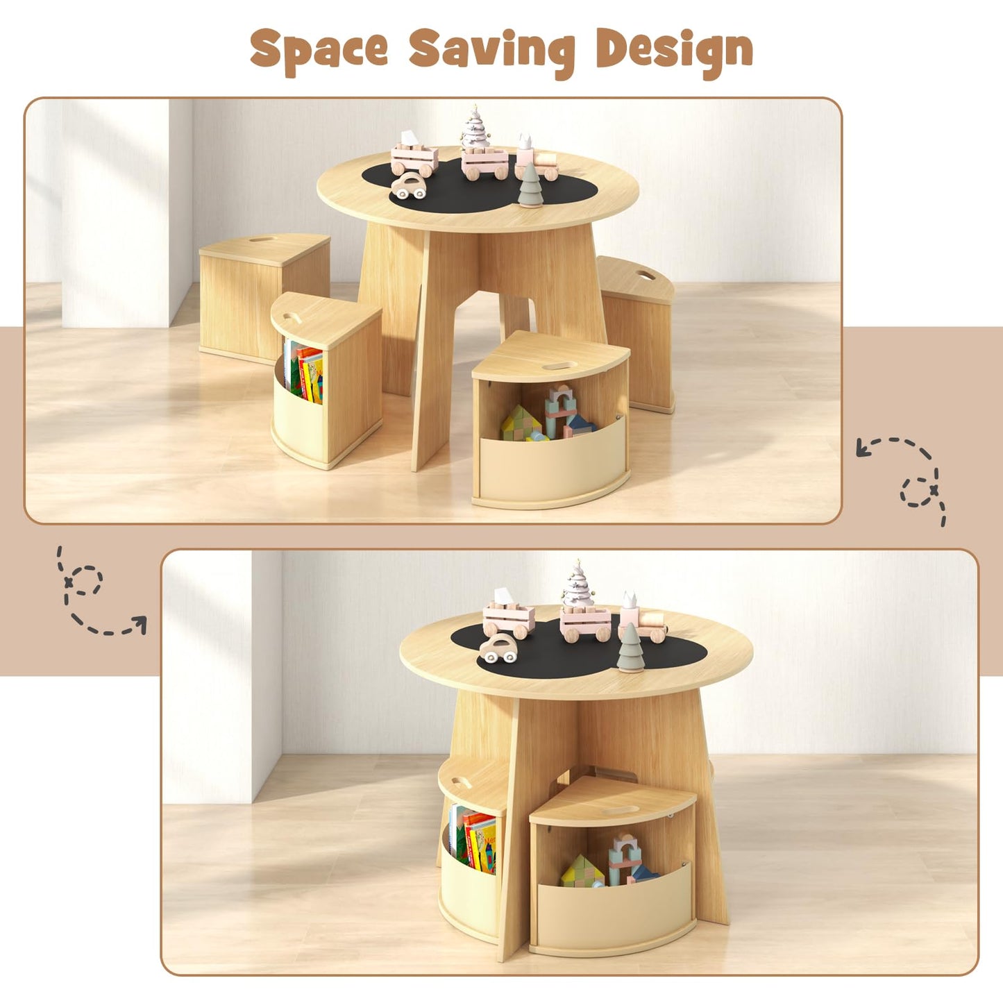 OLAKIDS Toddler Table and Chair Set with 4 Storage Stools, Wooden Flower Shaped Nesting Table with Blackboard Drawers