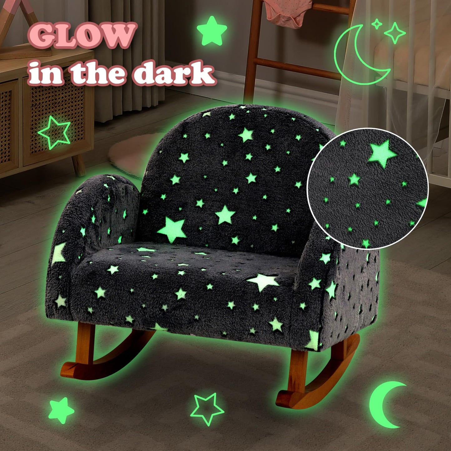 OLAKIDS Kids Sofa with Glow in The Dark, Toddler Rocking Chair, Upholstered Comfy Foam Children Chair for Kindergarten Playroom