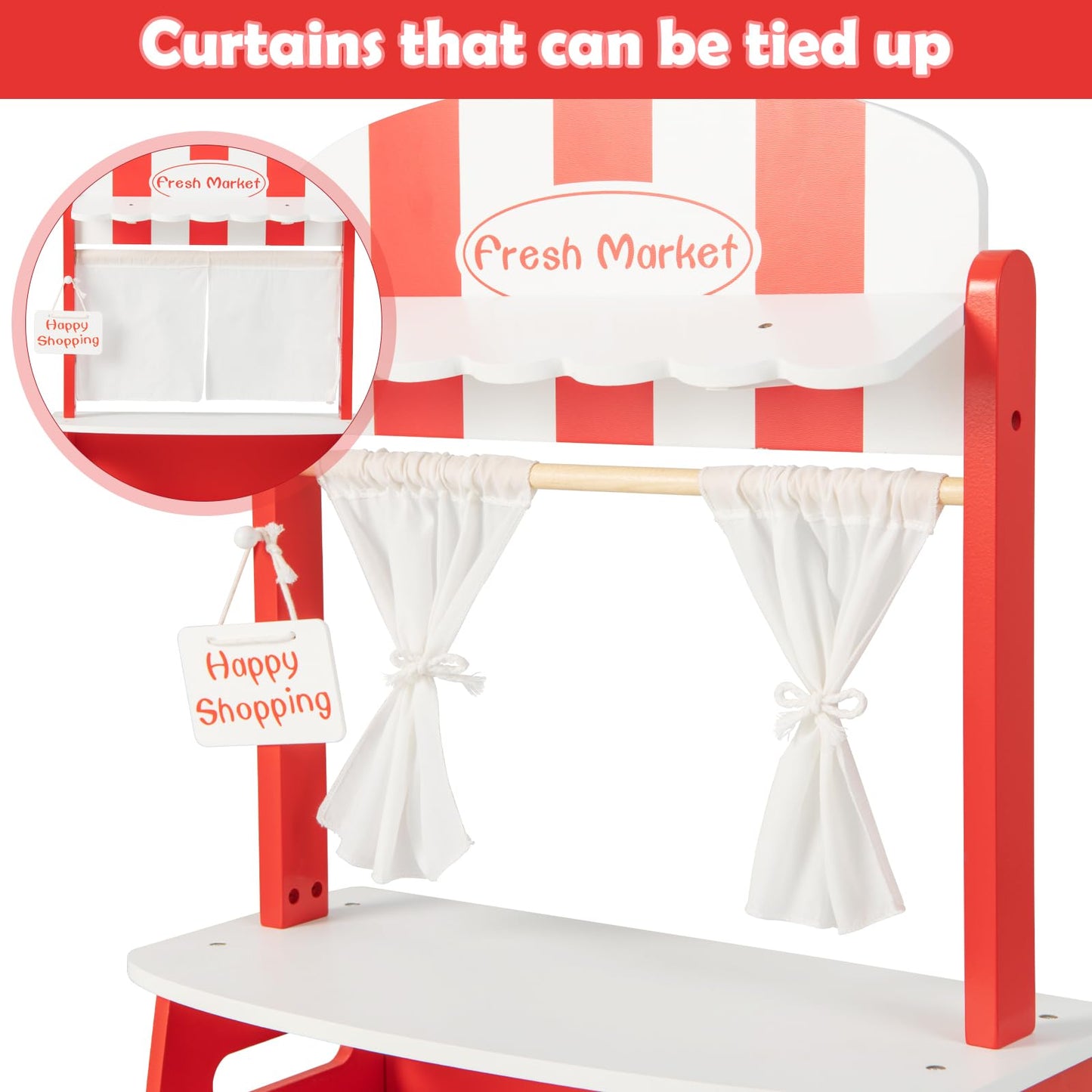 OLAKIDS Grocery Store Marketplace Toy for Kids, Wooden Market Stand Pretend Play Set with 36 Cutting Vegetables Fruits Pieces