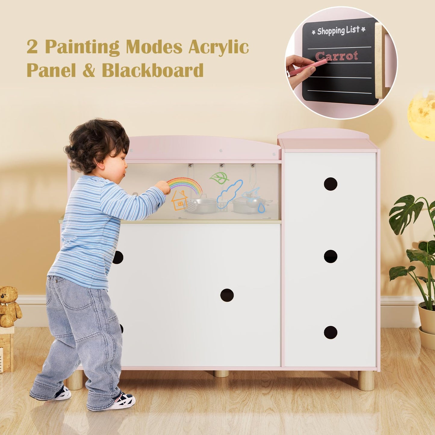 OLAKIDS Kids Kitchen Playset, Toddler Wooden Pretend Cooking Toy Set with Acrylic Drawing Board Ice Machine Dishwasher