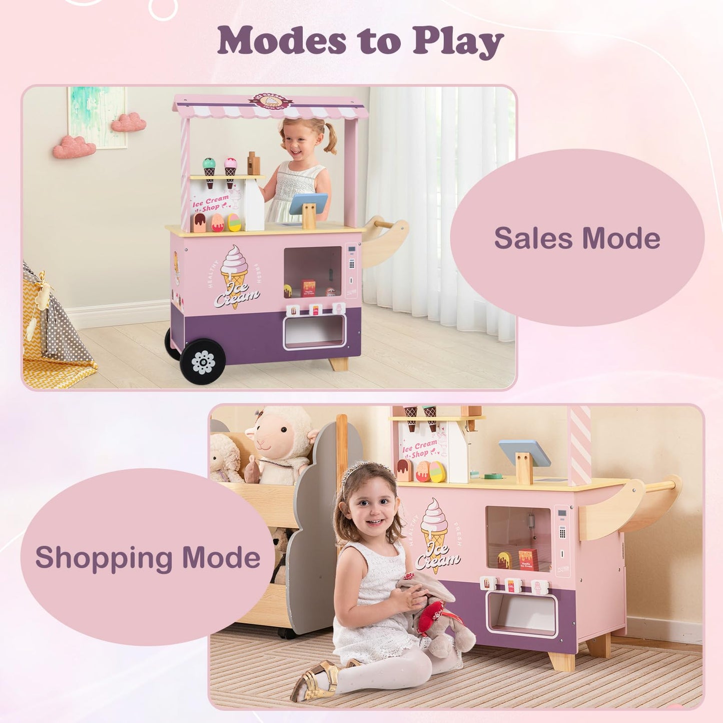 OLAKIDS Ice Cream Cart Grocery Store Marketplace Toy, Market Stand Shop Pretend Play Set with Accessories Gift for Ages 3+