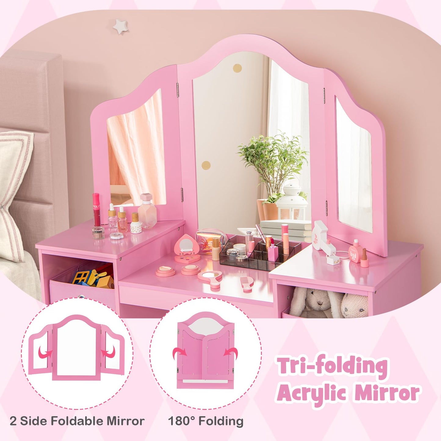 OLAKIDS Kids Vanity, 2 in 1 Princess Makeup Desk and Chair Set with 4 Drawers Tri-Folding Detachable Mirror, Wooden Dressing Table