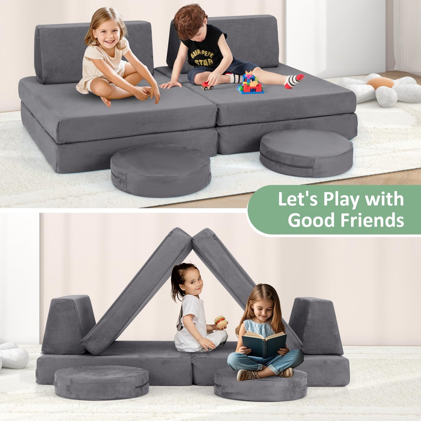 OLAKIDS Modular Kids Play Couch, 6 PCS Toddler Creative Sectional Fort Building Sofa for Playroom, Bedroom