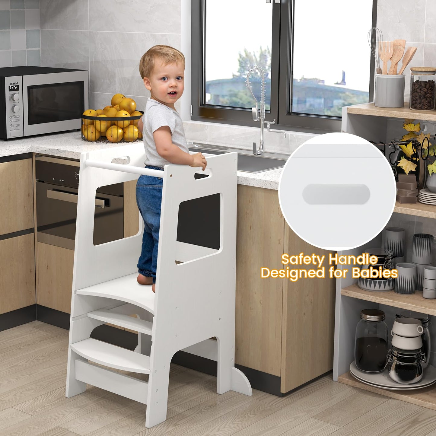 OLAKIDS Toddler Standing Tower, Kids Montessori Kitchen Step Stool Helper with 2 Adjustable Height Learning Blackboard Safety Rail