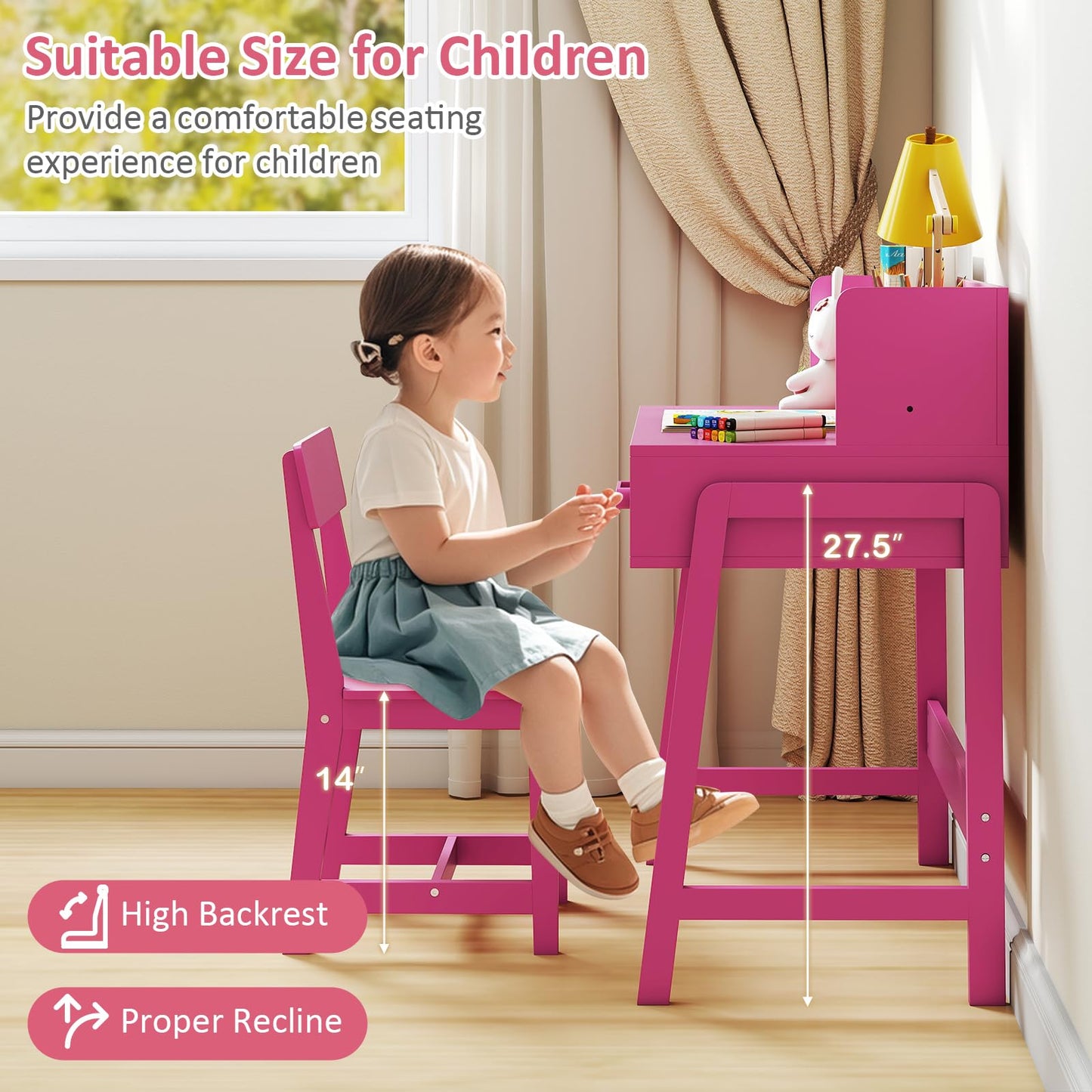 OLAKIDS Table and Chair Set, Toddler Wooden Student Study Desk with Chair Storage Hutch Compartments Drawers