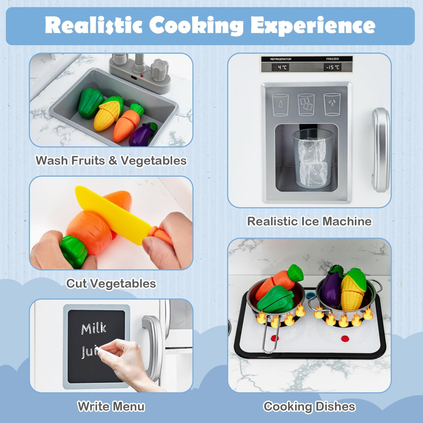 OLAKIDS Corner Kids Kitchen Playset, Toddler Wooden Pretend Cooking Set with Realistic Light Sound Stove