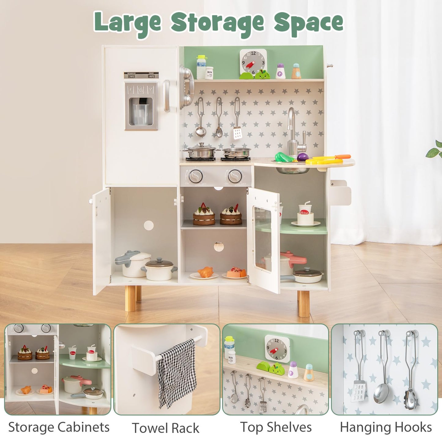 OLAKIDS Kid Kitchen Playset, Toddler Wooden Pretend Cooking Set with Realistic Light & Sound, Stove, Sink, Microwave