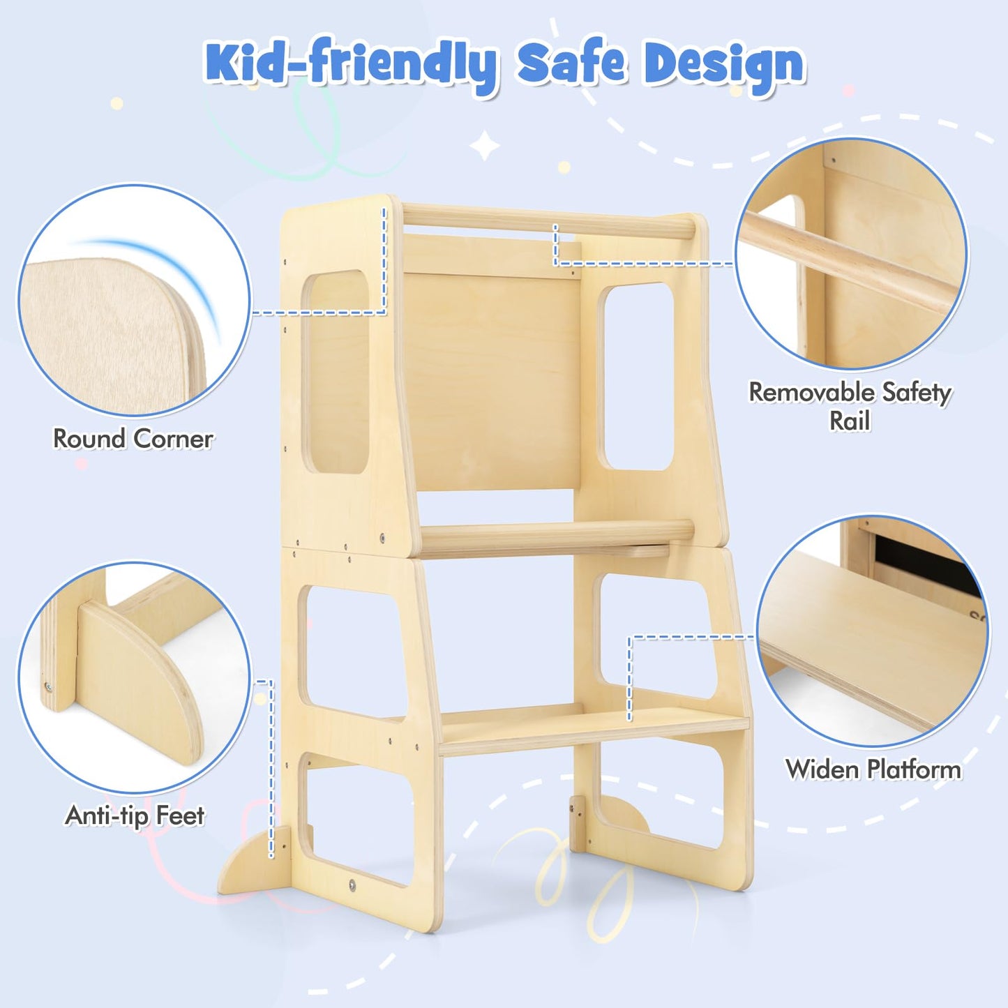 OLAKIDS Toddler Tower, 4 in 1 Foldable Kitchen Stool Helper Learning Standing Tower, Kids Wooden Collapsible Table and Chair Set
