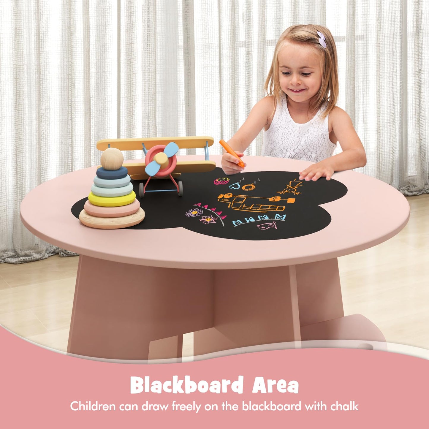 OLAKIDS Toddler Table and Chair Set with 4 Storage Stools, Wooden Flower Shaped Nesting Table with Blackboard Drawers