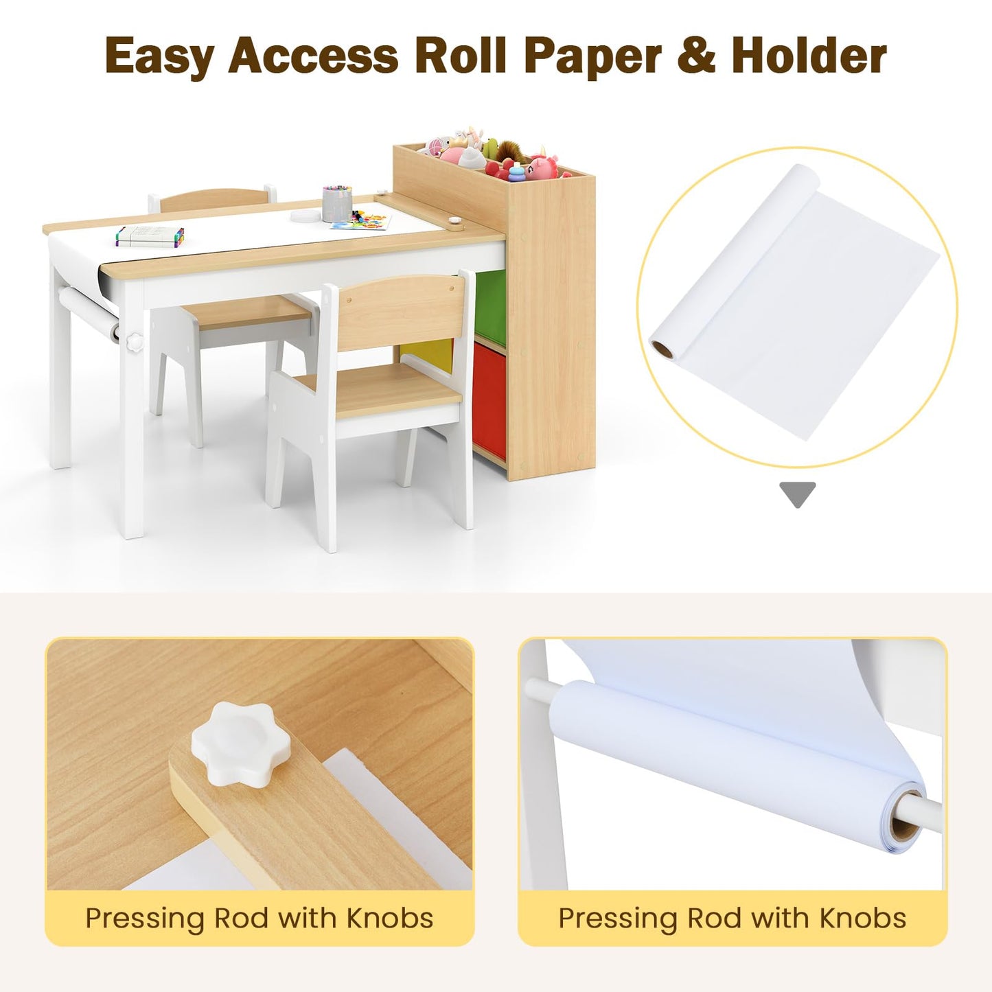 OLAKIDS Kids Table and Chair Set, Toddler Art Craft Play Wood Activity Desk with 2 Chairs 4 Storage Canvas Bins Paper Roll