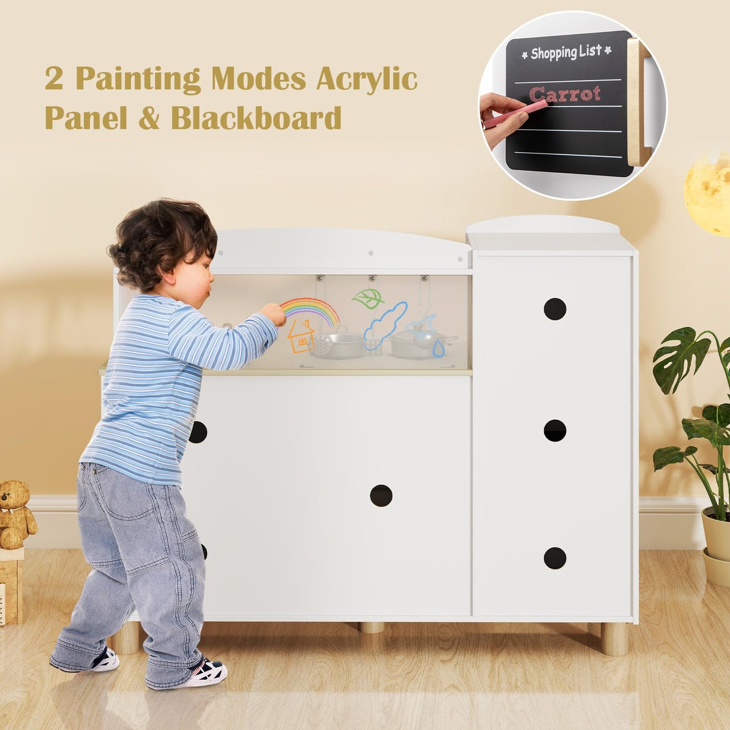 OLAKIDS Kids Kitchen Playset, Toddler Wooden Pretend Cooking Toy Set with Acrylic Drawing Board Ice Machine Dishwasher