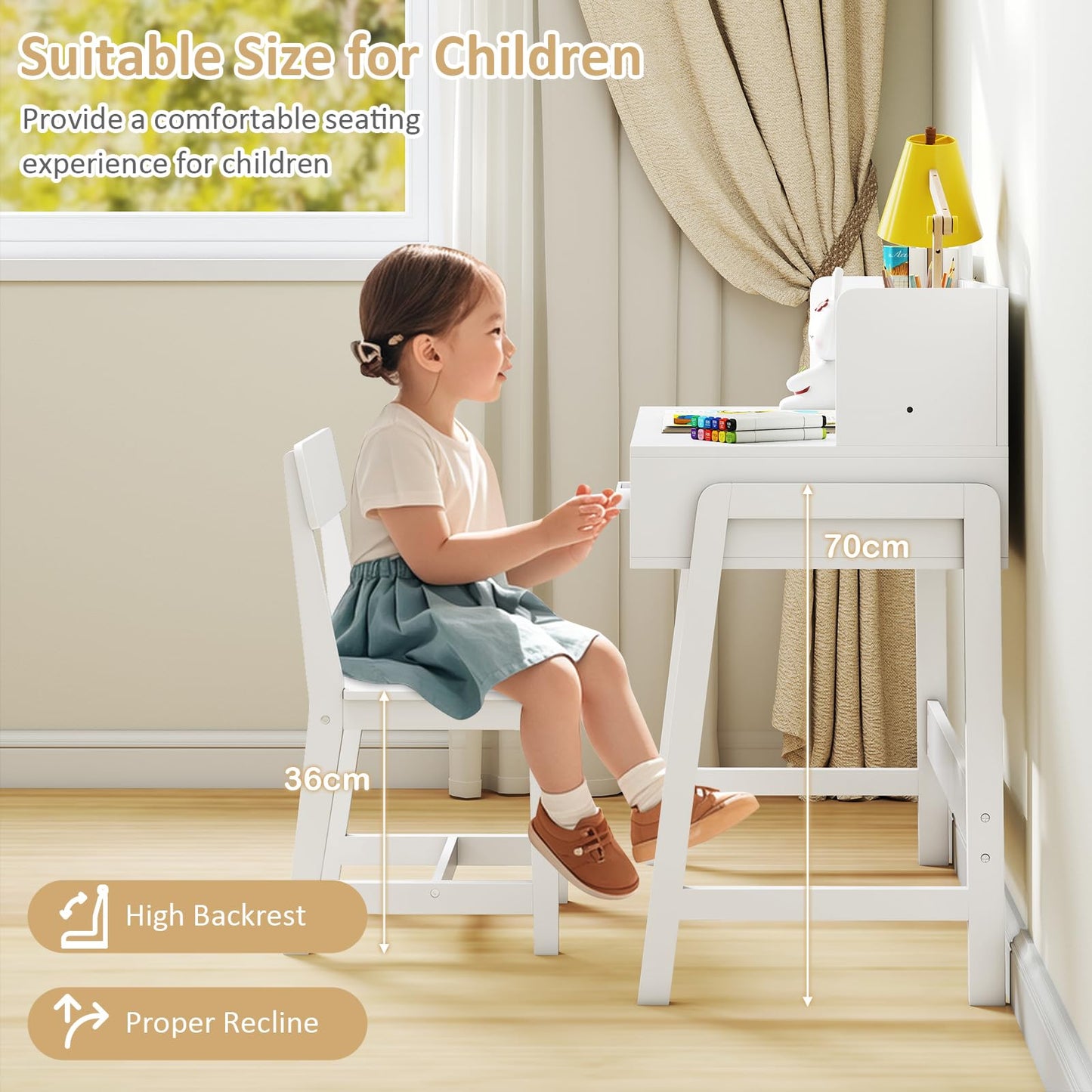 OLAKIDS Table and Chair Set, Toddler Wooden Student Study Desk with Chair Storage Hutch Compartments Drawers