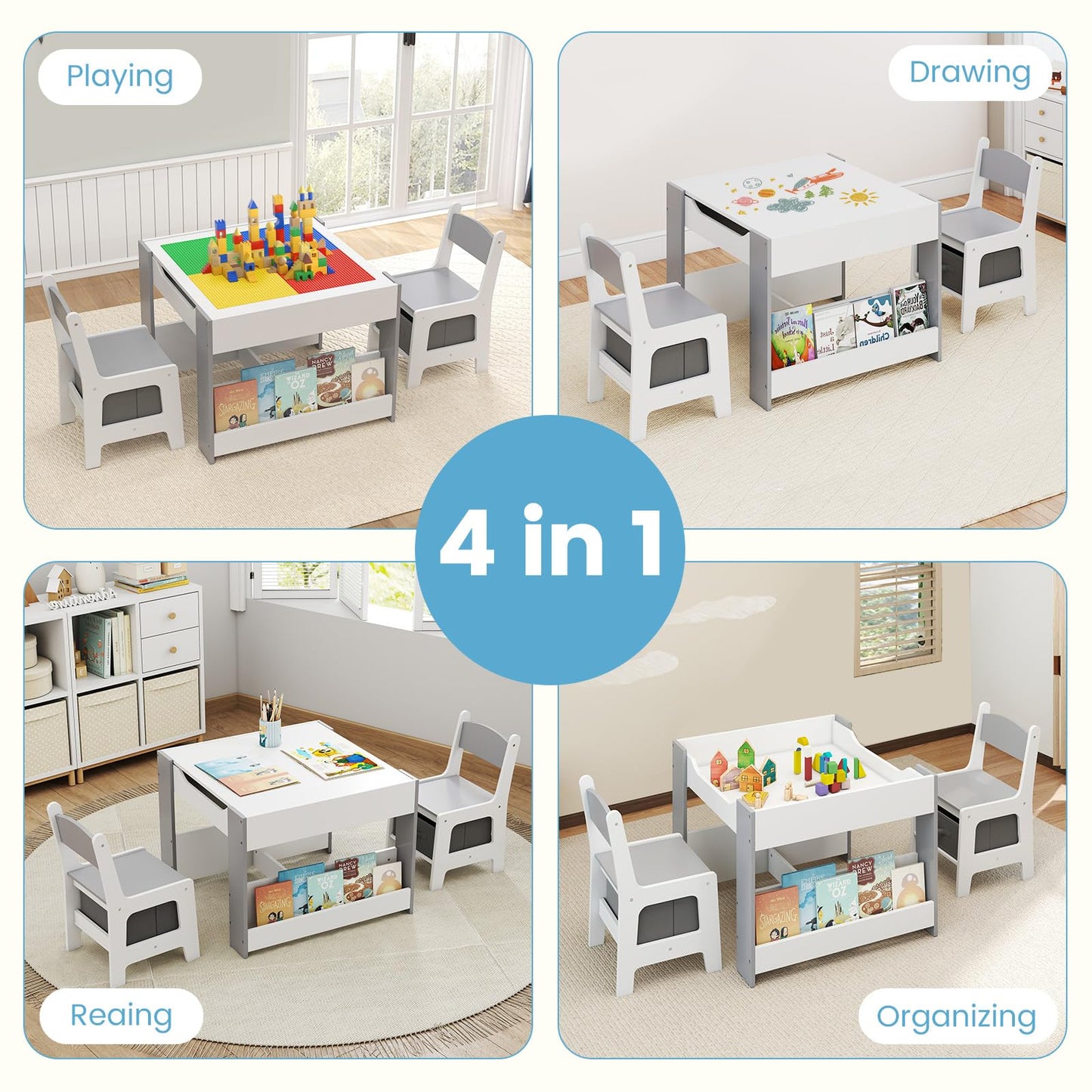 OLAKIDS Kids Table and Chair Set, 4 in 1 Building Block Wooden Activity Desk with Reversible Tabletop for Toddlers