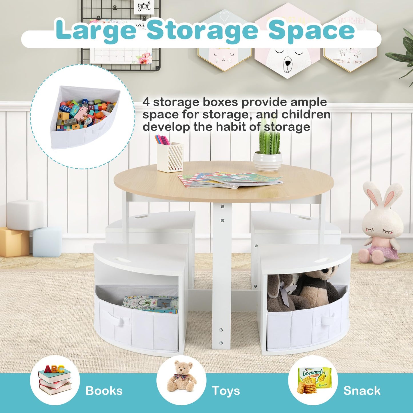 OLAKIDS Toddler Table and Chair Set, Wooden Table and 4 Chairs with Nesting Design, Children Multi-Activity Table