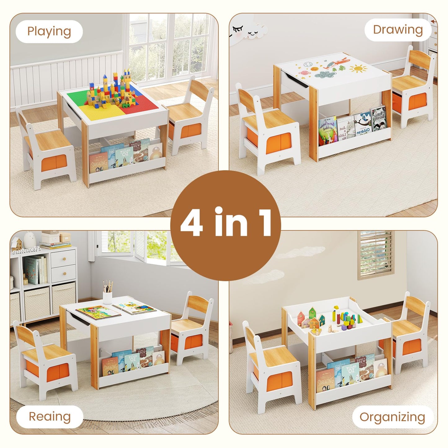 OLAKIDS Kids Table and Chair Set, 4 in 1 Building Block Wooden Activity Desk with Reversible Tabletop for Toddlers