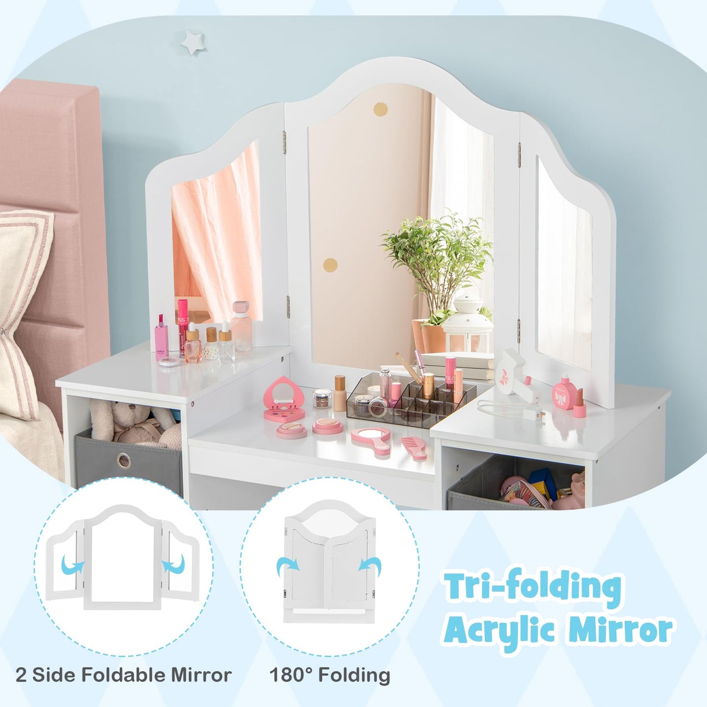 OLAKIDS Kids Vanity, 2 in 1 Princess Makeup Desk and Chair Set with 4 Drawers Tri-Folding Detachable Mirror, Wooden Dressing Table