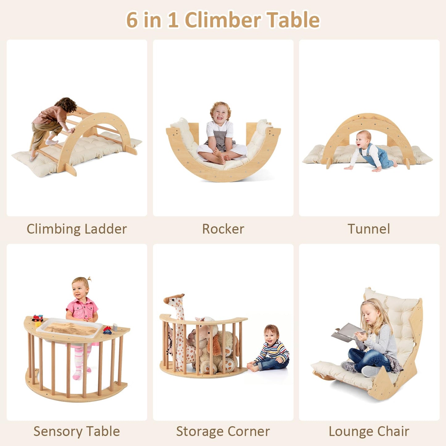 OLAKIDS Wooden Arch Climber Rocker with Soft Cushion, 6 in 1 Montessori Climbing Toys for Toddlers, Gym Playset Gift for Kids