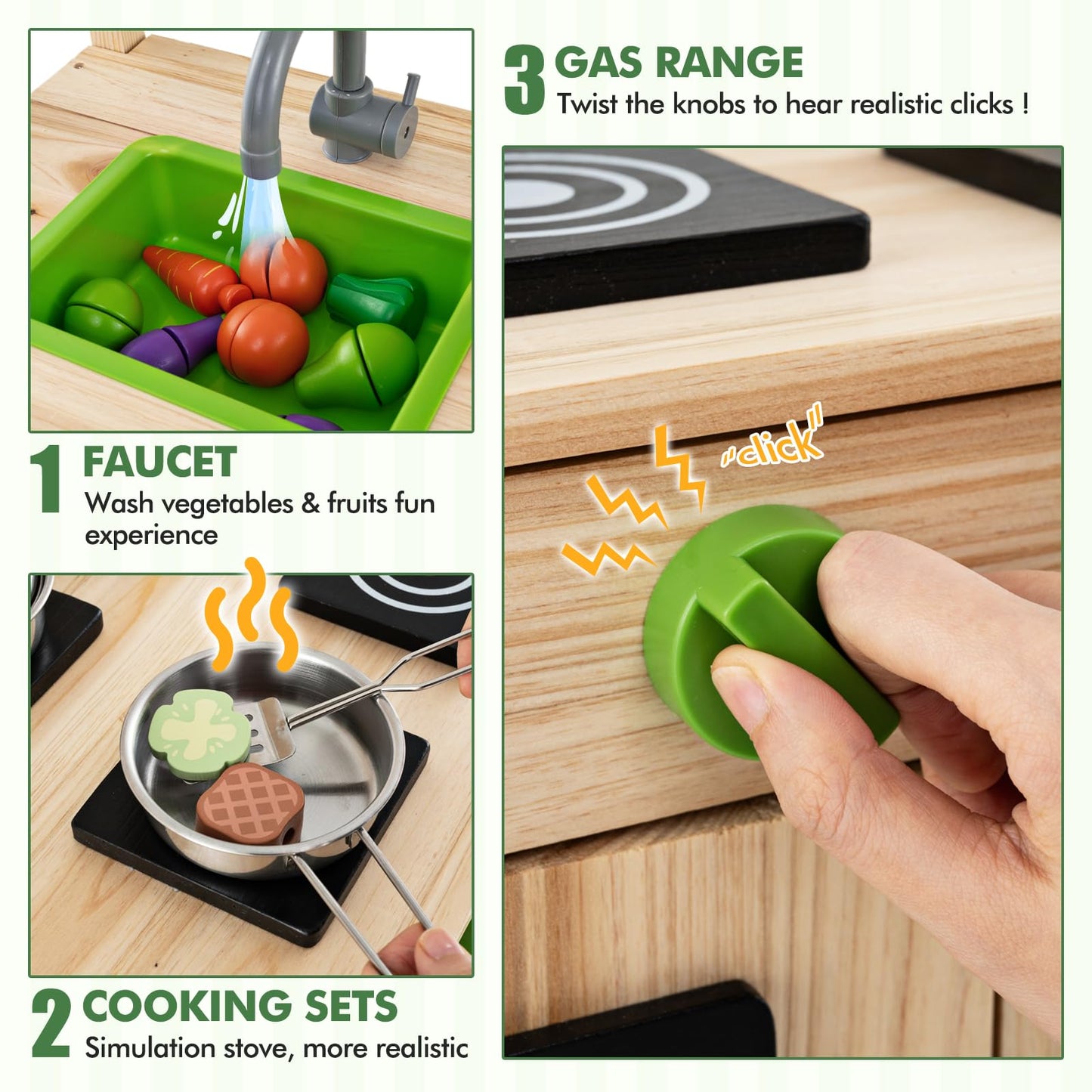 OLAKIDS Mud Kitchen, Play Kitchen with Awning Faucet Stoves, Wooden Kids Kitchen Playset