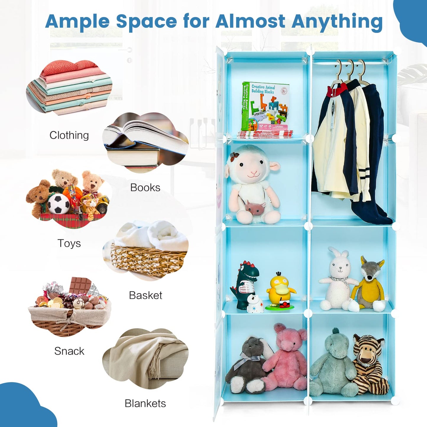 OLAKIDS Children Wardrobe, Kid Closet, Cute for Kids Bedroom Nursery Armoire with 8 Cube, Kid Clothes Storage Organizer