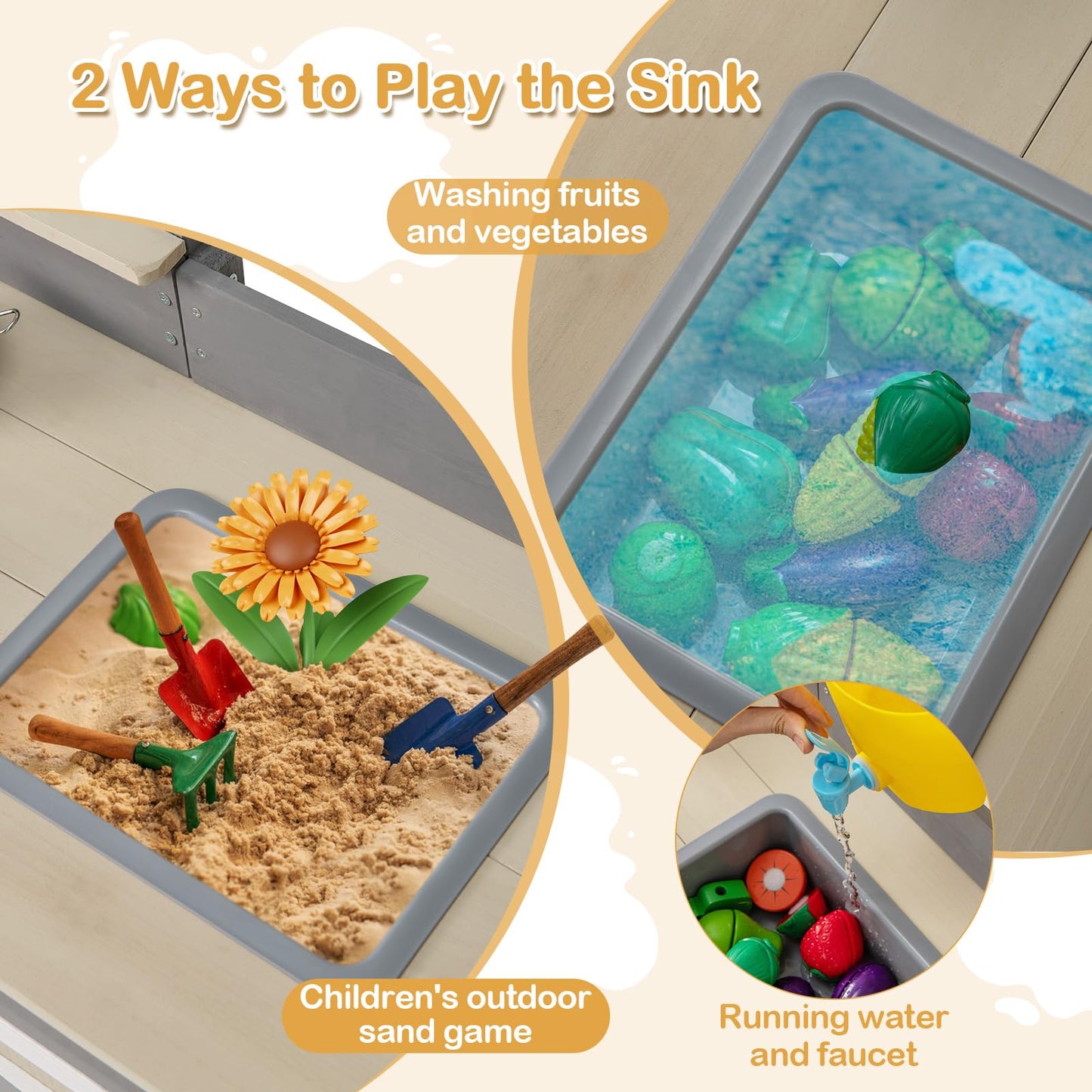 OLAKIDS Mud Kitchen, Outdoor Play Kitchen with Faucet Chalkboard Stoves Removable Sink Cooking Accessories Wooden Kids Kitchen Playset