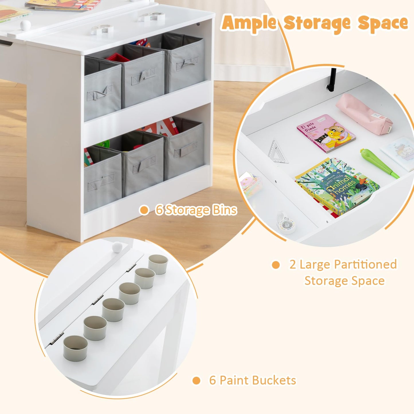 OLAKIDS 3 in 1 Kids Art Table and Chair Set, Toddler Craft Play Wood Activity Desk with 2 Chairs Storage Canvas Bins