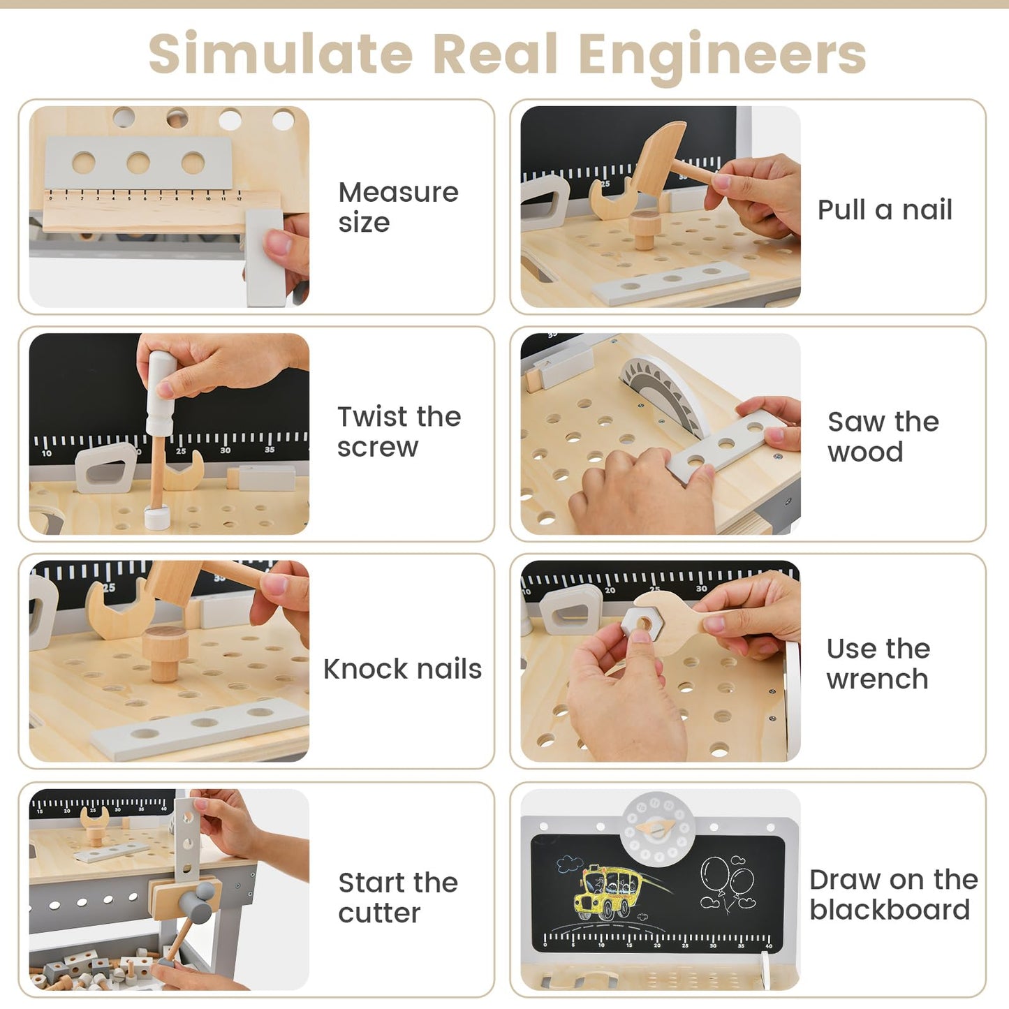 OLAKIDS Tool Bench Set for Toddlers, Kids Wooden Workbench with Blackboard Construction Building Tools and 62 Accessories