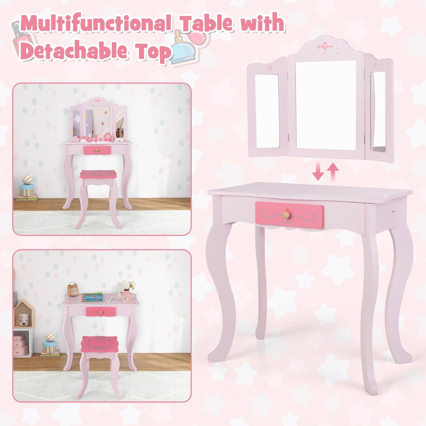 OLAKIDS Kids Vanity, 2 in 1 Princess Makeup Desk Set, Wooden Dressing Table, Pretend Play Vanity Set