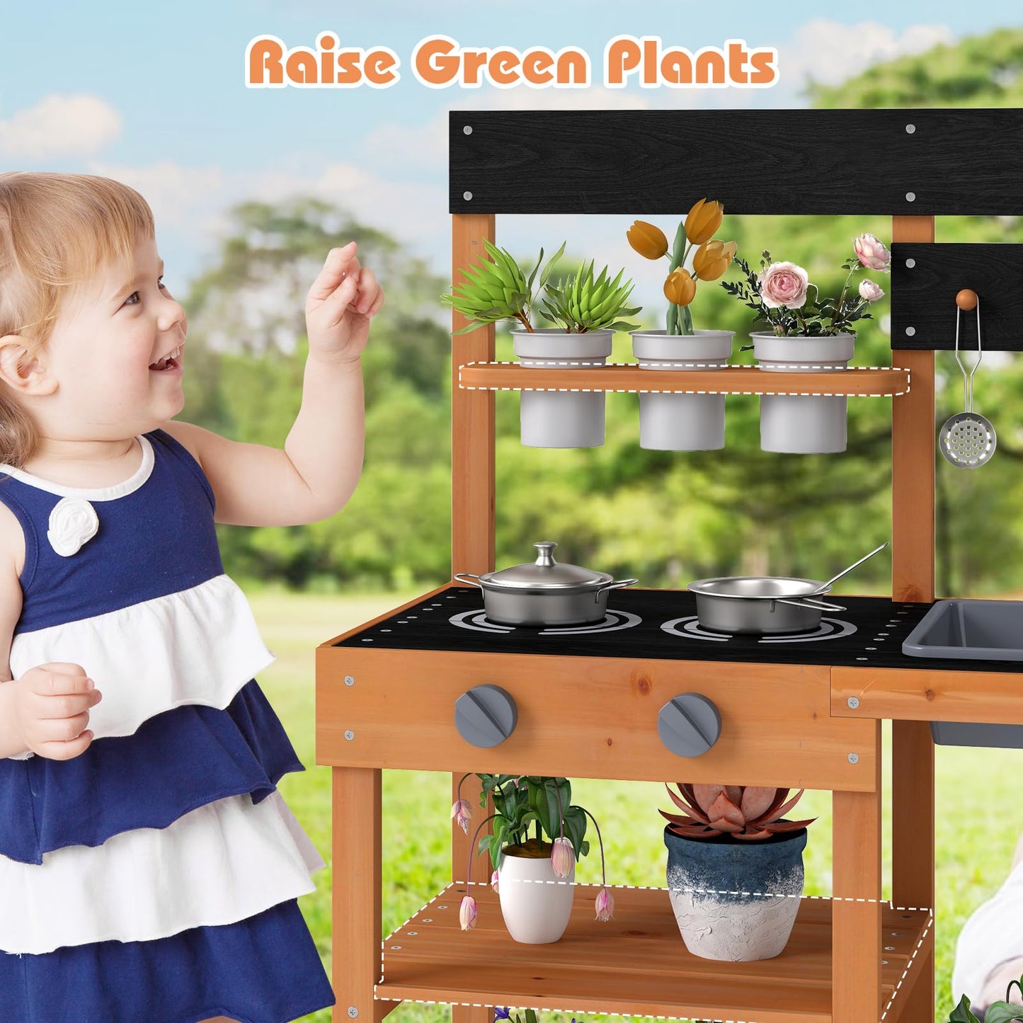 OLAKIDS Mud Kitchen for Kids Outdoor, Wooden Toddler Play Kitchen with Cooking Accessories, Toy Playset for Backyard Garden