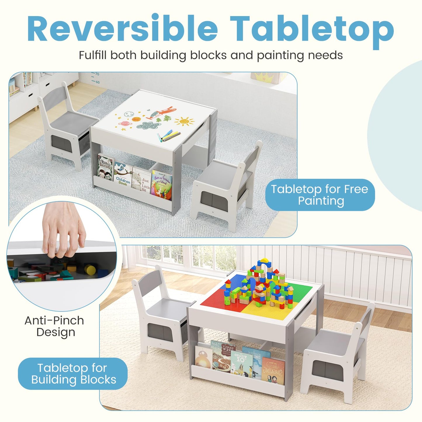 OLAKIDS Kids Table and Chair Set, 4 in 1 Building Block Wooden Activity Desk with Reversible Tabletop for Toddlers