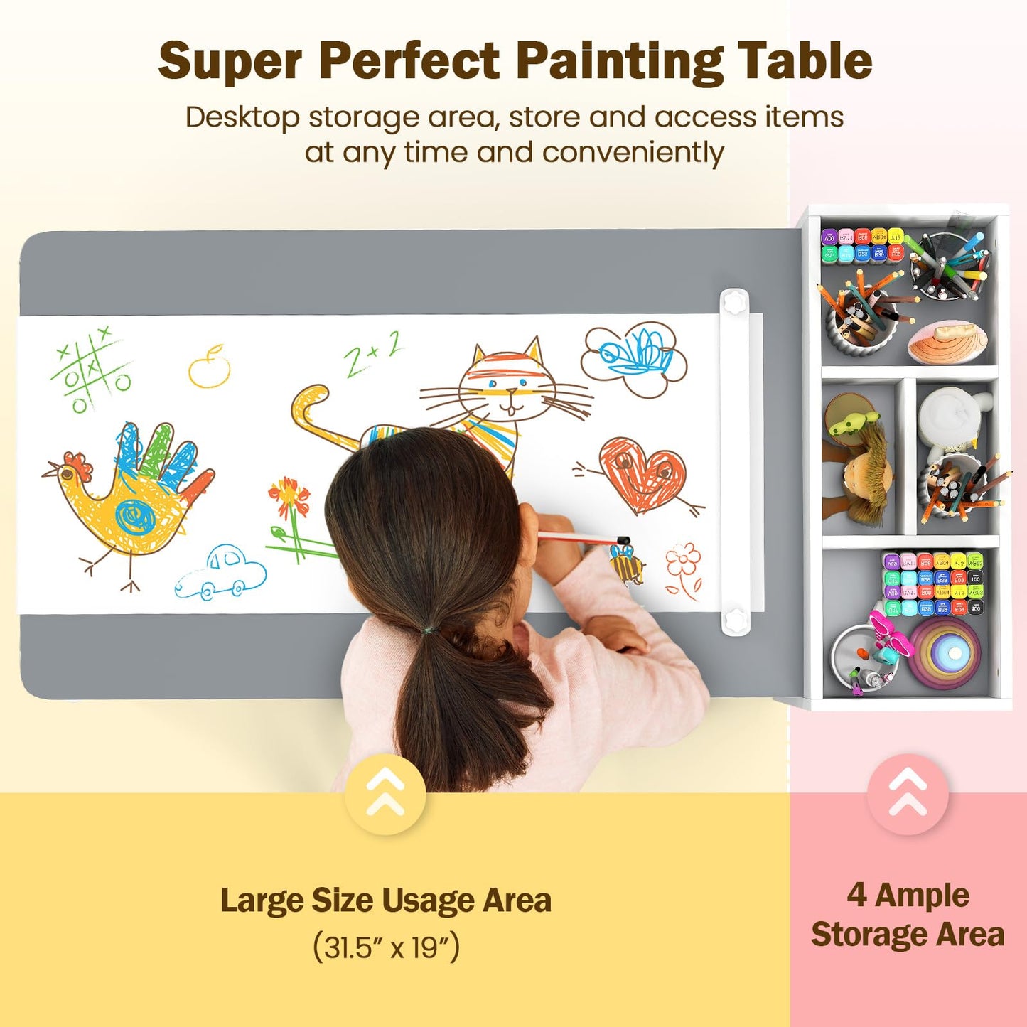 OLAKIDS Kids Table and Chair Set, Toddler Art Craft Play Wood Activity Desk with 2 Chairs 4 Storage Canvas Bins Paper Roll