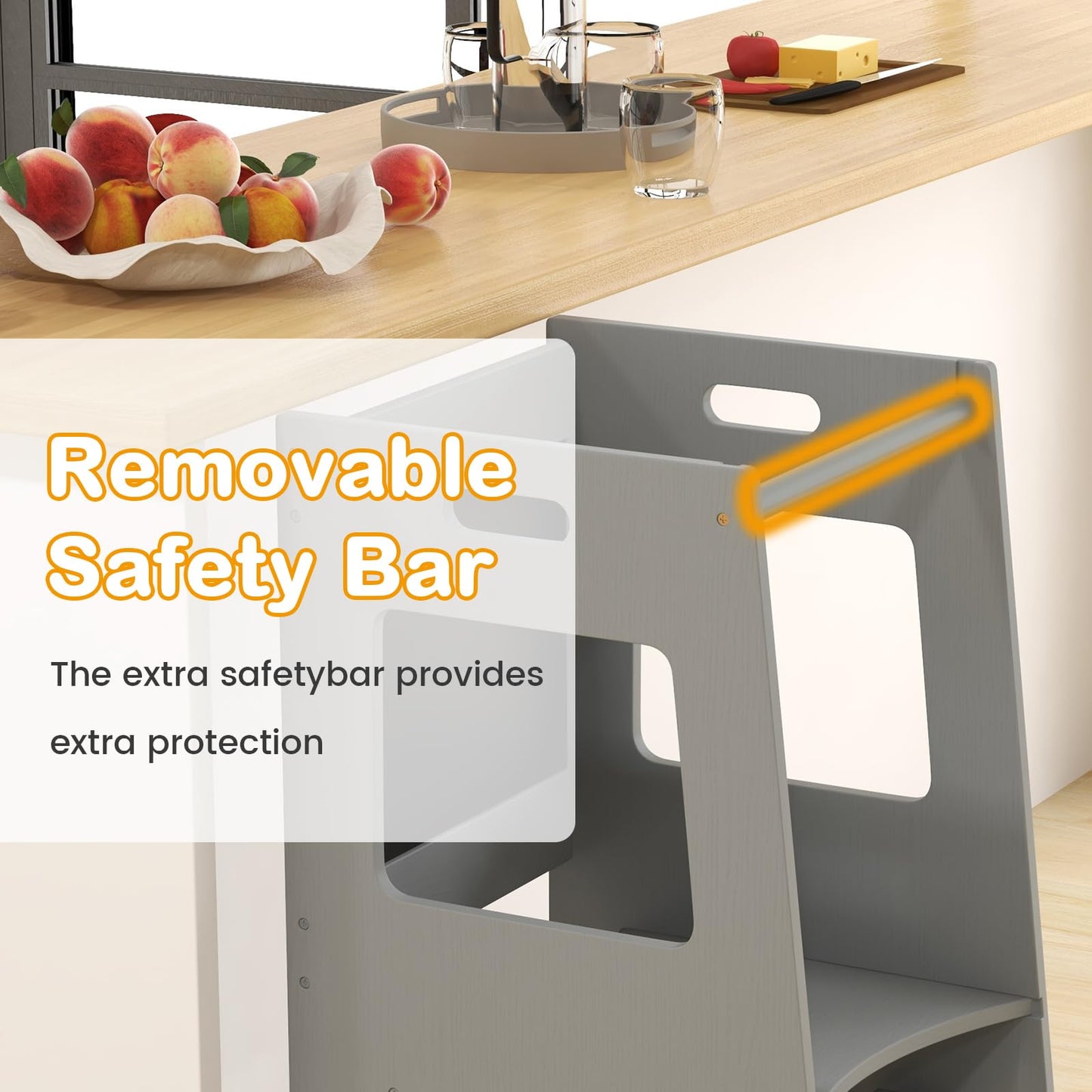 OLAKIDS Toddler Standing Tower, Kids Montessori Kitchen Step Stool Helper with 2 Adjustable Height Learning Blackboard Safety Rail