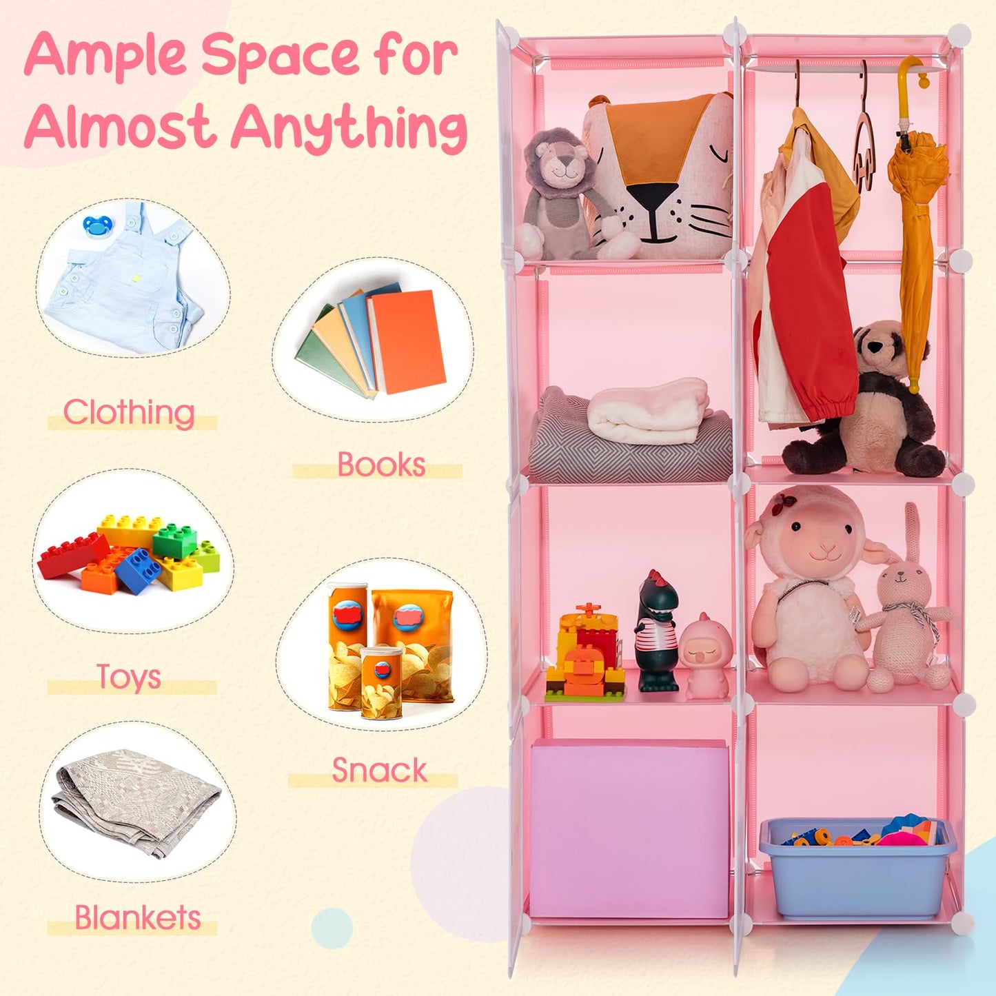 OLAKIDS Children Wardrobe, Kid Closet, Cute for Kids Bedroom Nursery Armoire with 8 Cube, Kid Clothes Storage Organizer