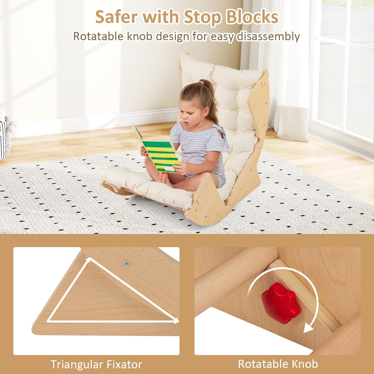 OLAKIDS Wooden Arch Climber Rocker with Soft Cushion, 6 in 1 Montessori Climbing Toys for Toddlers, Gym Playset Gift for Kids