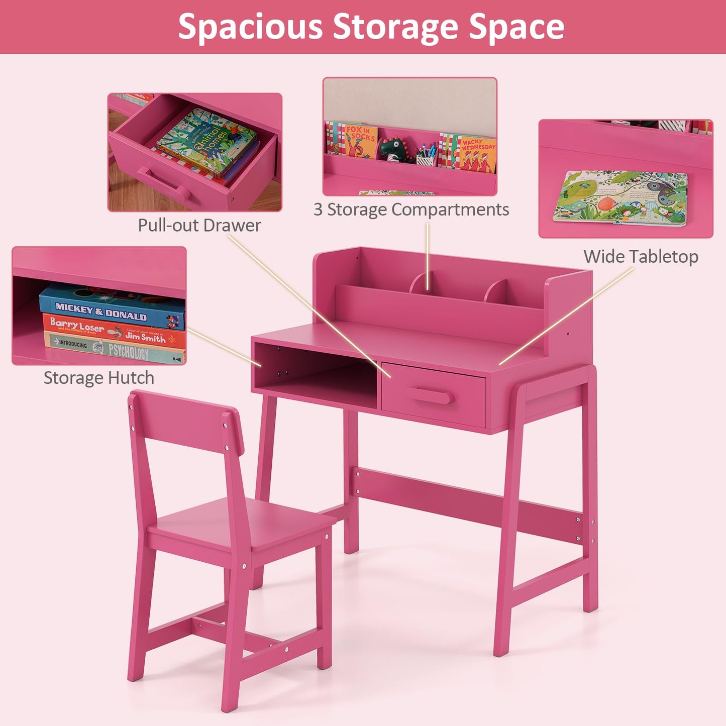 OLAKIDS Table and Chair Set, Toddler Wooden Student Study Desk with Chair Storage Hutch Compartments Drawers