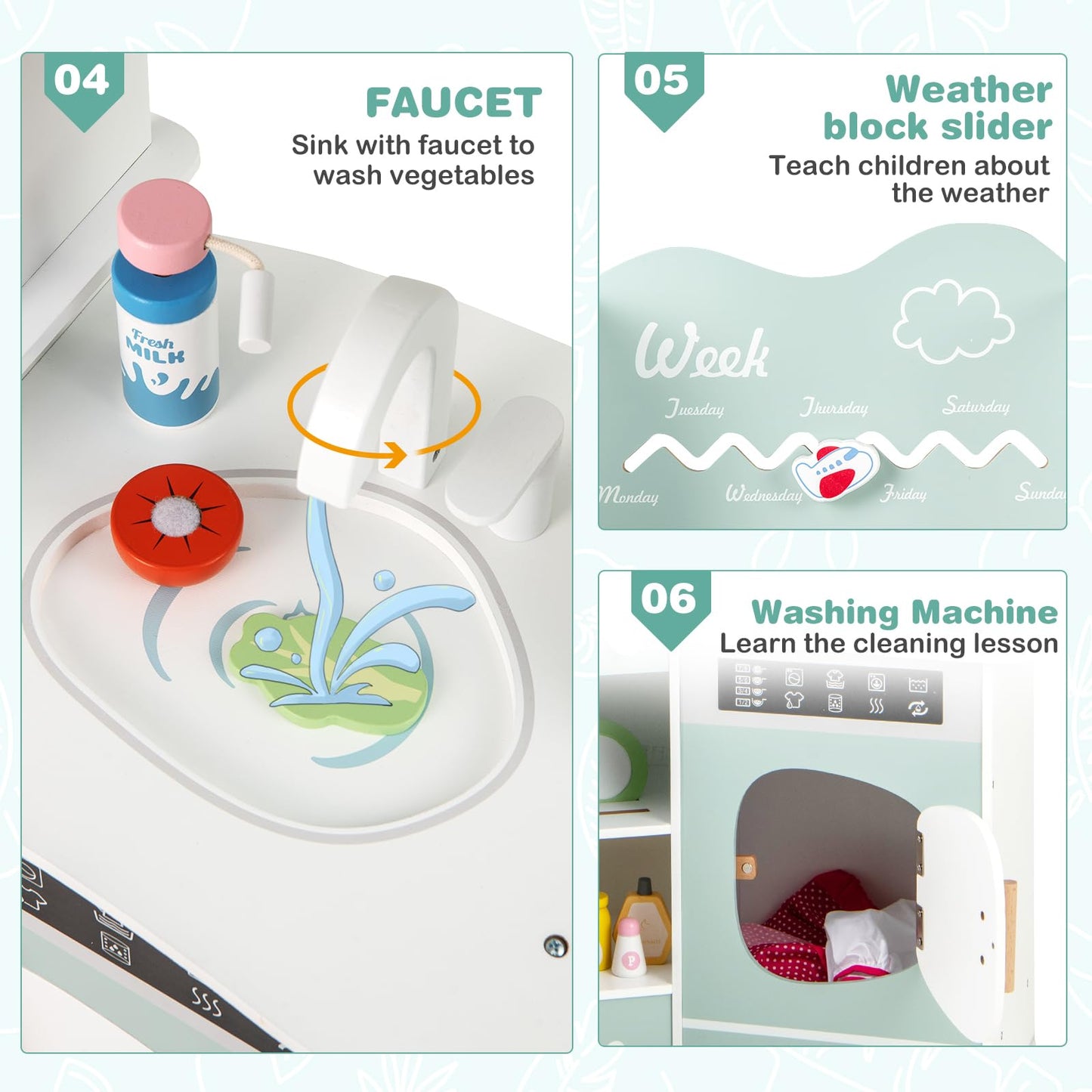 OLAKIDS Corner Kids Kitchen Playset, Toddler Wooden Pretend Cooking Set with Lights Sounds Coffee Machine Washing Machine