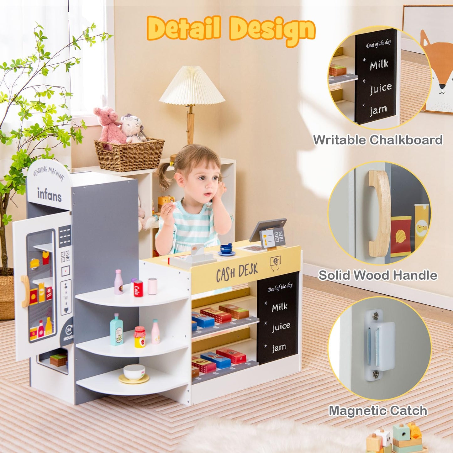 OLAKIDS Kids Grocery Store Playset, Wooden Supermarket Toy Set with Cash Register, Vending Machine, Pretend Play Store