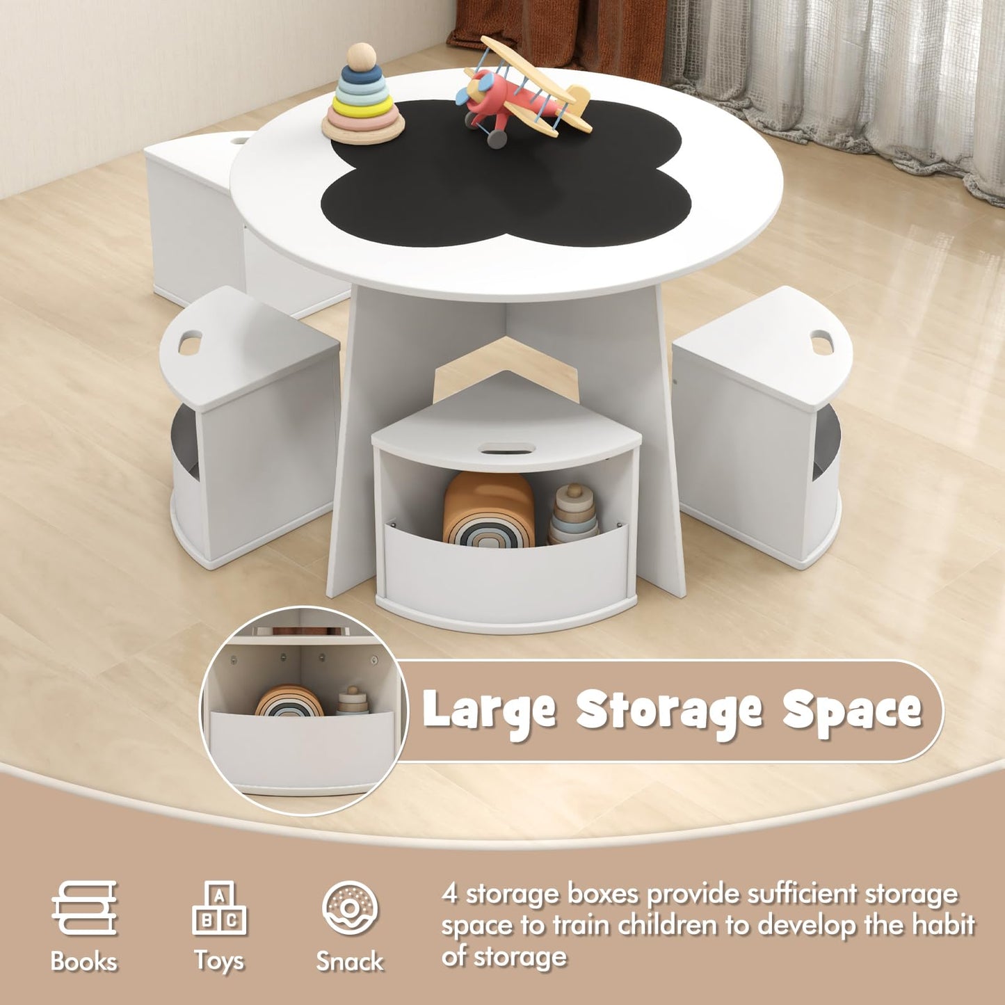 OLAKIDS Toddler Table and Chair Set with 4 Storage Stools, Wooden Flower Shaped Nesting Table with Blackboard Drawers