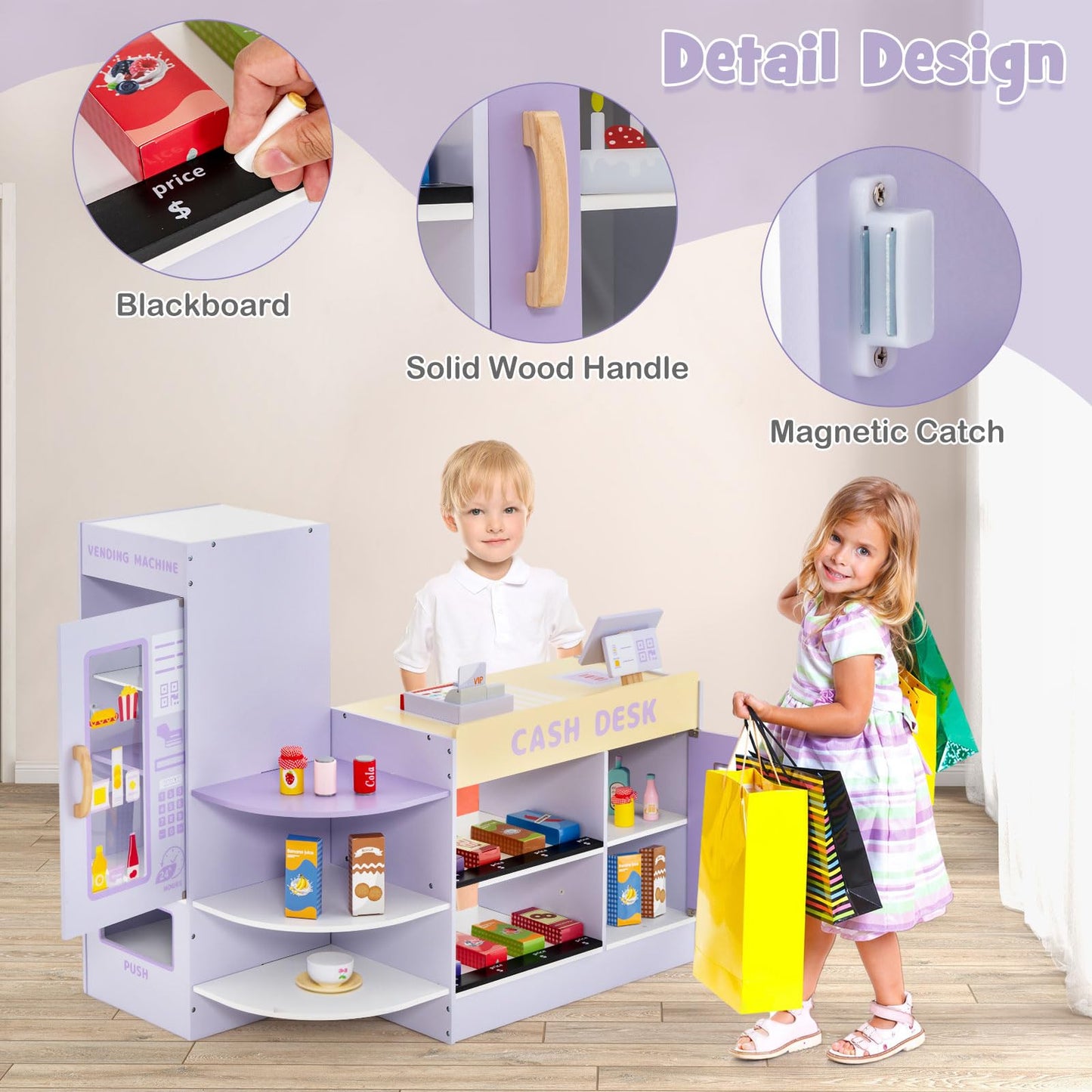 OLAKIDS Kids Grocery Store Playset, Wooden Supermarket Toy Set with Cash Register, Vending Machine, Pretend Play Store