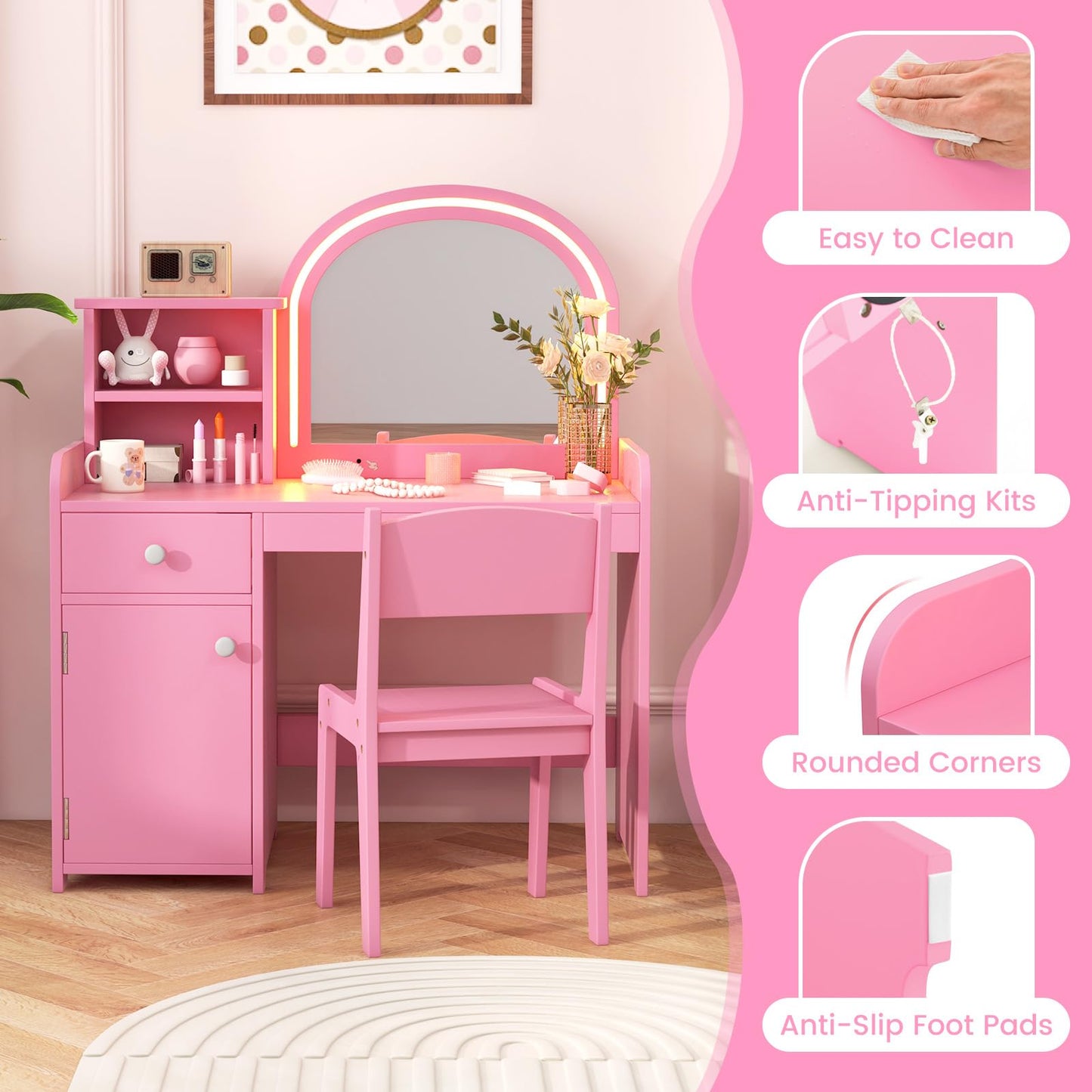 OLAKIDS Kids Vanity, Princess Makeup Desk and Chair Set with Lights Mirror, Pretend Play Vanity Set for Toddler Girls