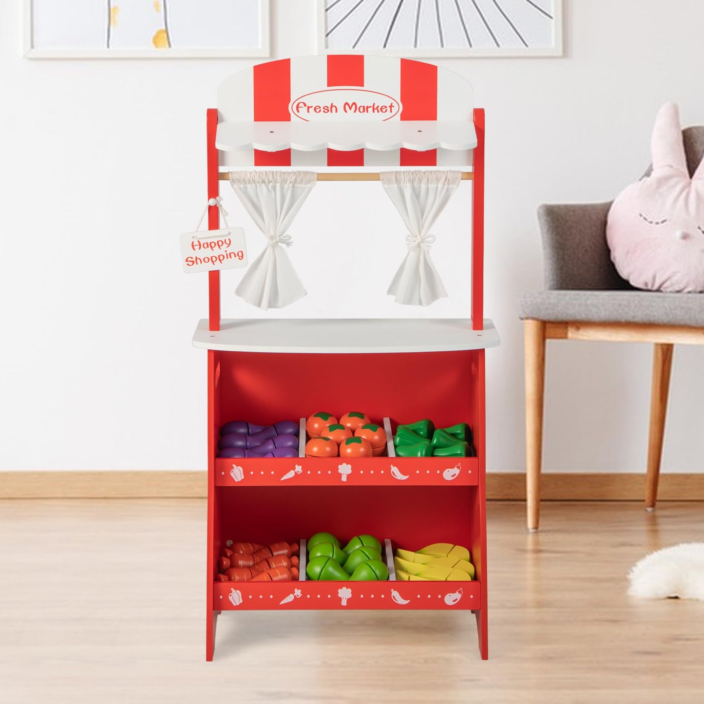 OLAKIDS Grocery Store Marketplace Toy for Kids, Wooden Market Stand Pretend Play Set with 36 Cutting Vegetables Fruits Pieces